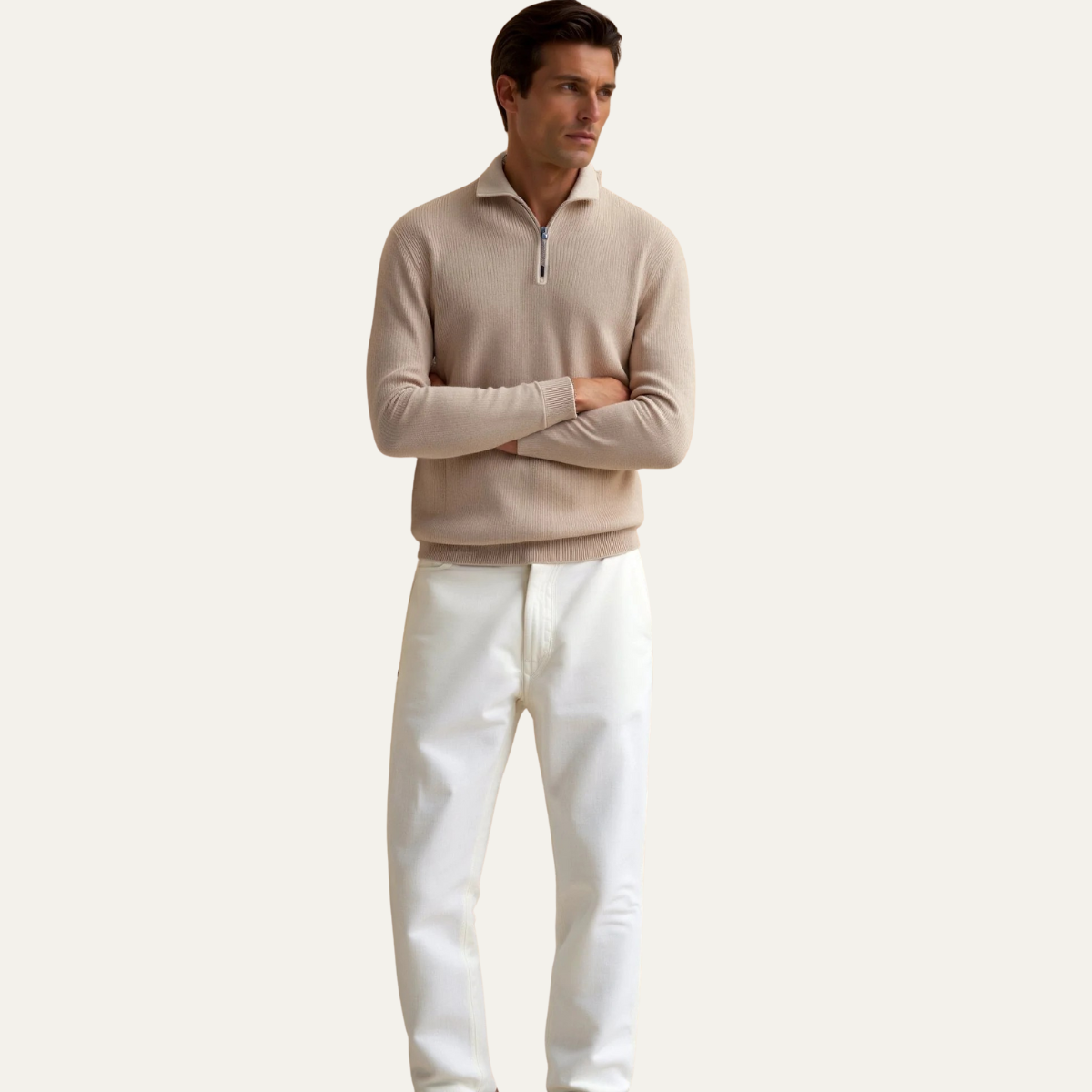 Bram | Men's Quarter Zip Sweater Cream Collared Long Sleeve