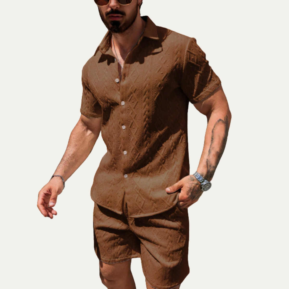 Ives | Men's Cable Knit Button Up Shirt Brown Short Sleeve
