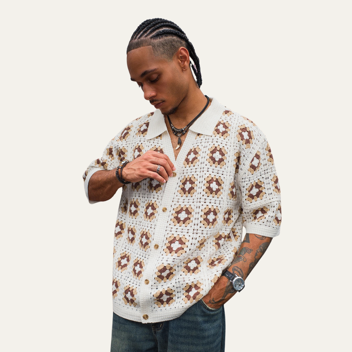 Axel | Men's Boho Crochet Cardigan Cream Brown Geometric Pattern