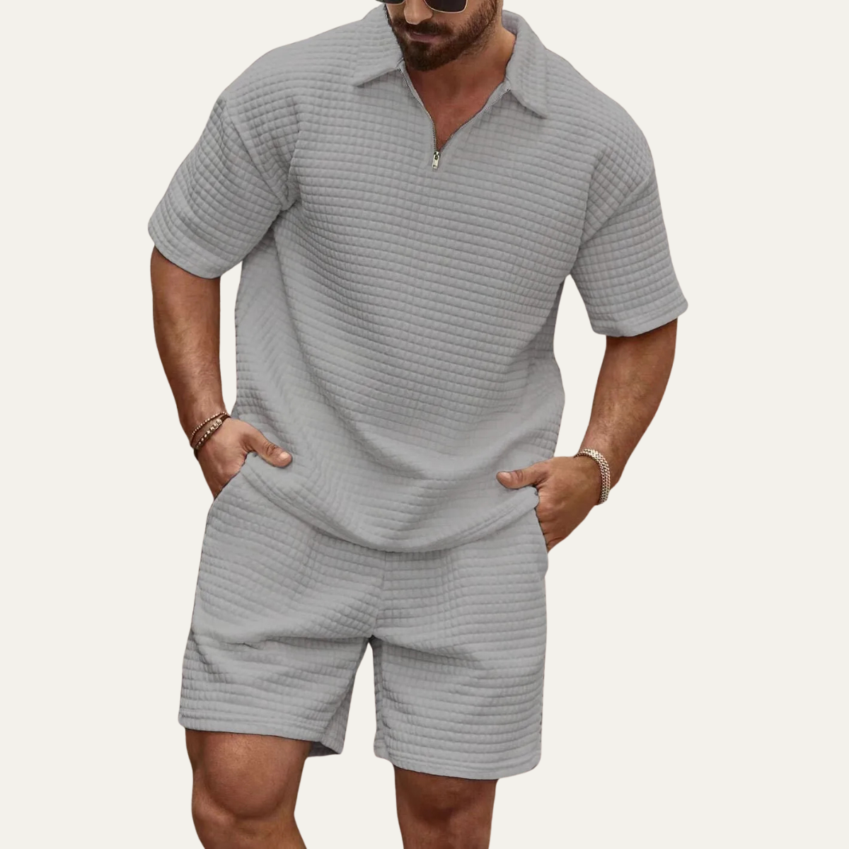 Blake | Men's Sweatsuit Waffle Knit Cream Polo Shorts Set