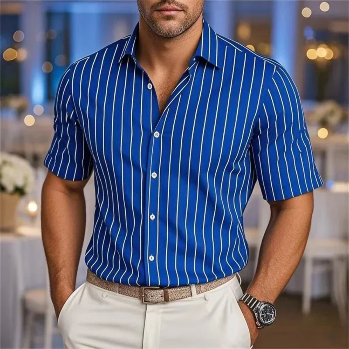 Kai | Men's Pinstripe Short Sleeve Button Up Shirt Gray