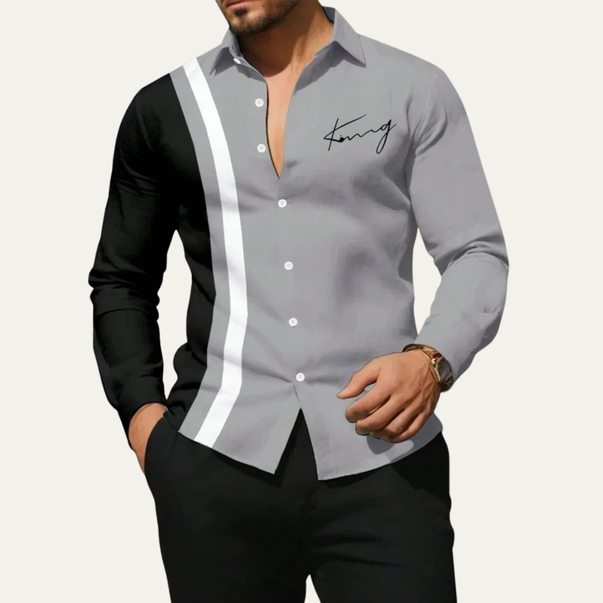 Kai | Men's Color Block Striped Button Up Shirt Gray Black