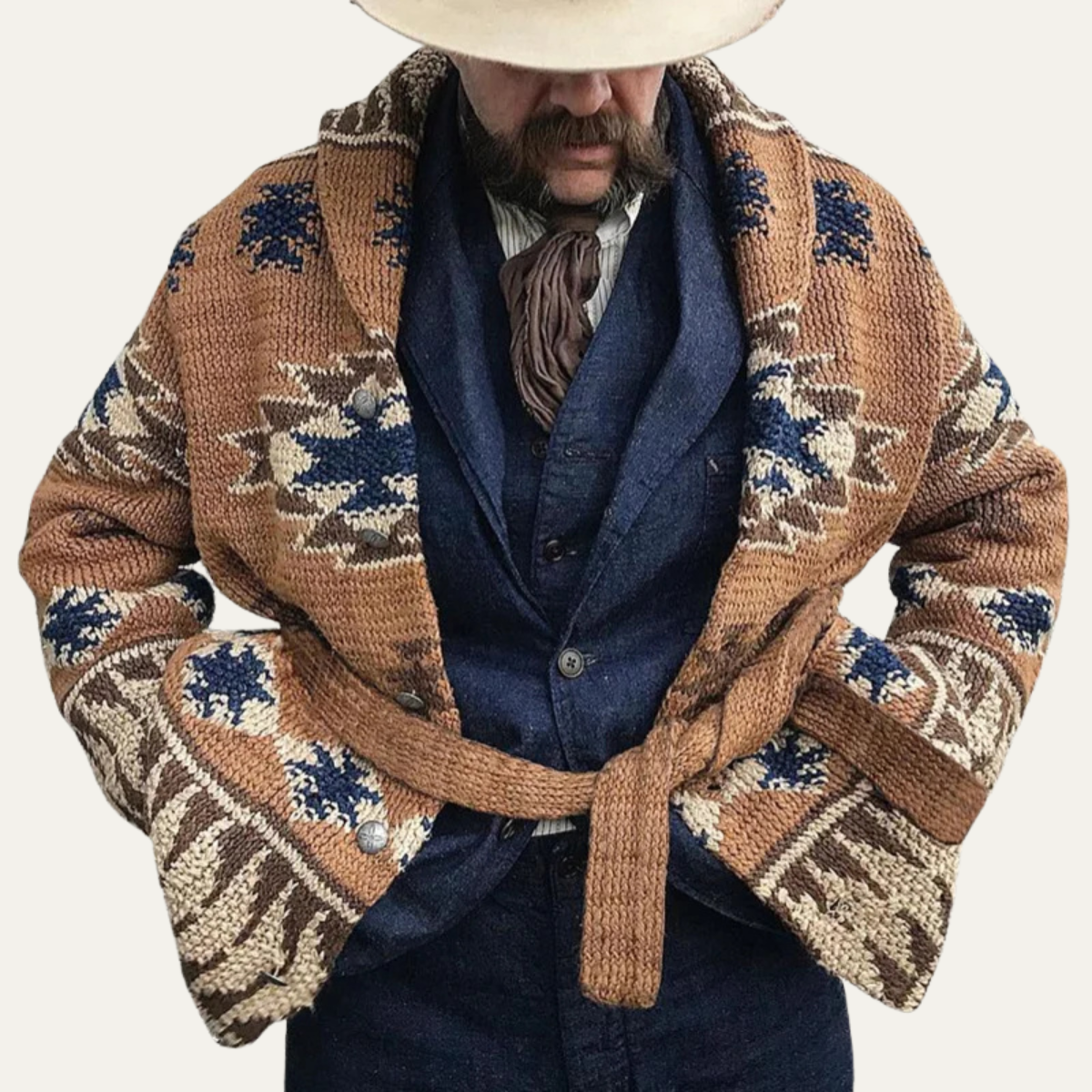 Bram | Men's Cardigan Sweater Brown Navy Jacquard Shawl Collar