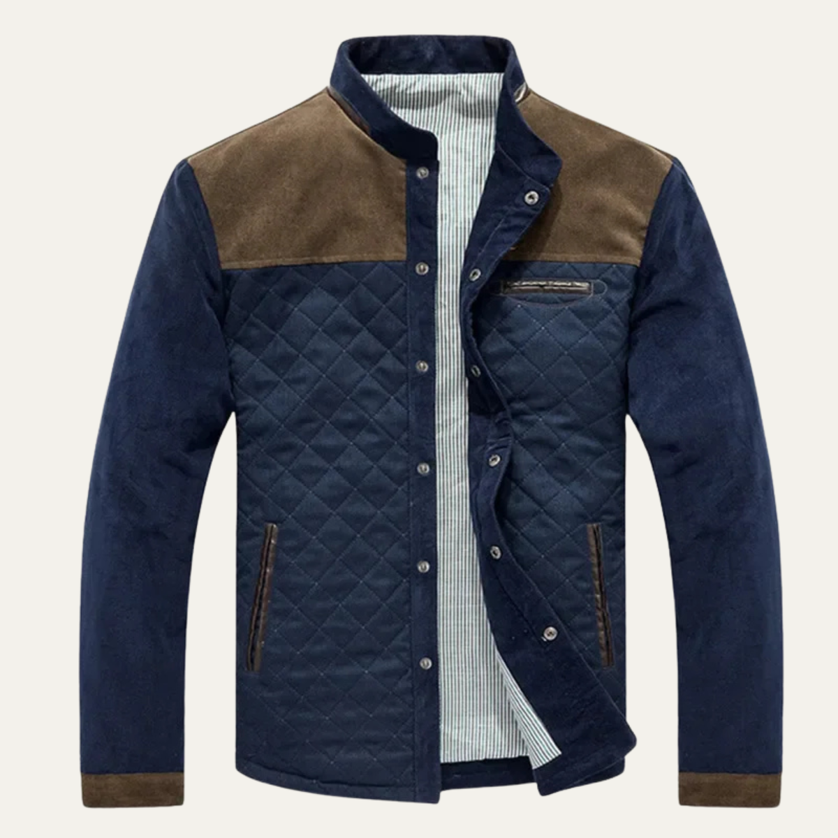 Beau | Men's Quilted Bomber Jacket Navy Brown Colorblock