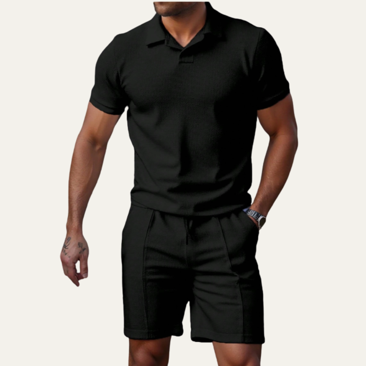 Beau | Men's Sweatsuit Black Polo Shirt Shorts Set