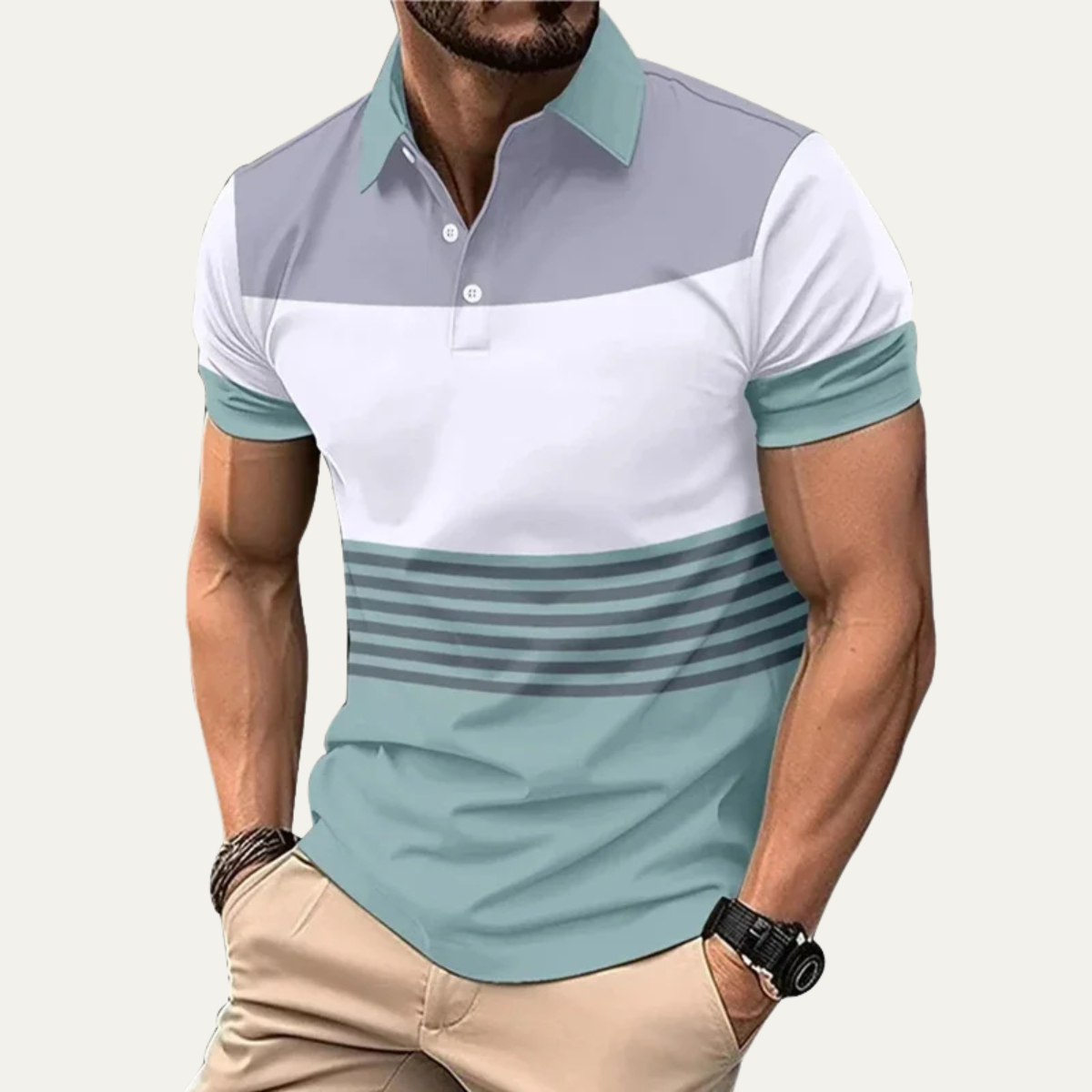 Beau | Men's Color Block Polo Shirt Sage White Striped