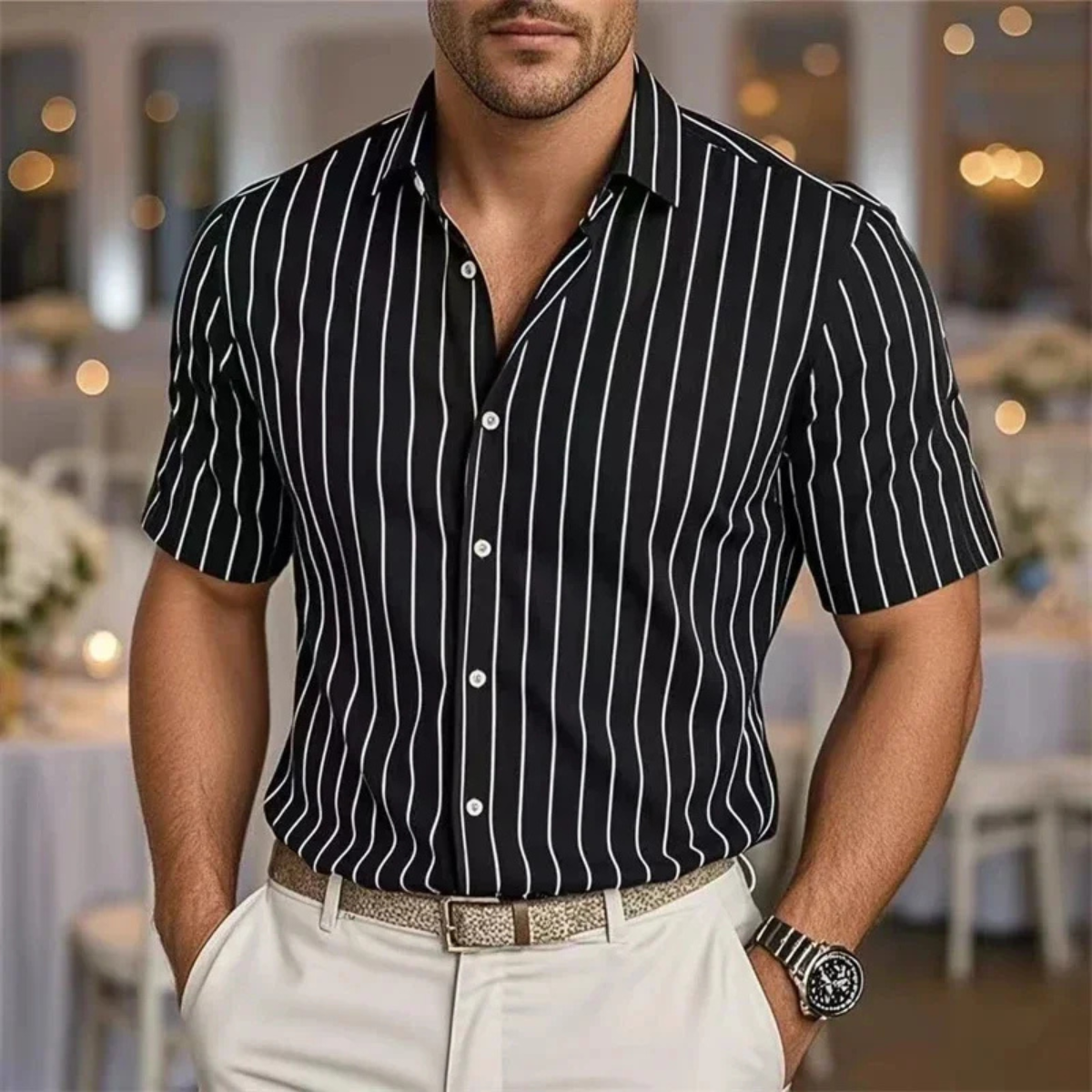 Kai | Men's Pinstripe Short Sleeve Button Up Shirt Gray