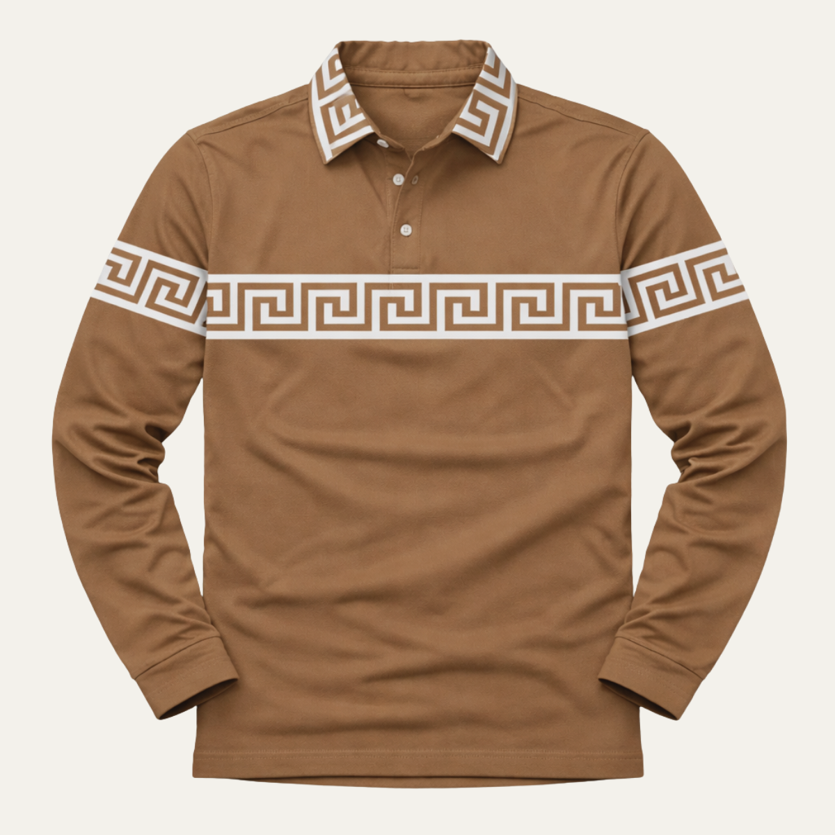 Beau | Men's Casual Polo Shirt Brown Greek Key Print