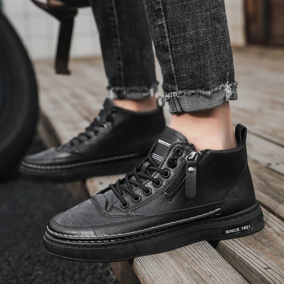 Axel | Men's Black Leather High Top Sneaker Side Zip