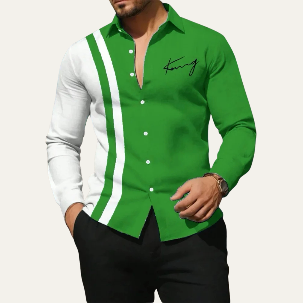Beau | Men's Casual Color Block Striped Button Up Shirt Green White