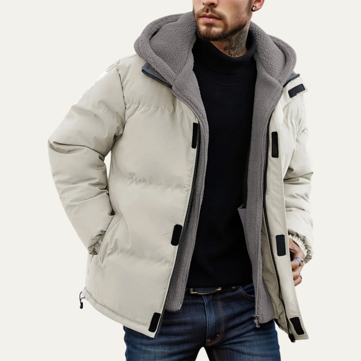 Axel | Men's Puffer Jacket Cream Sherpa Fleece Lined Hood