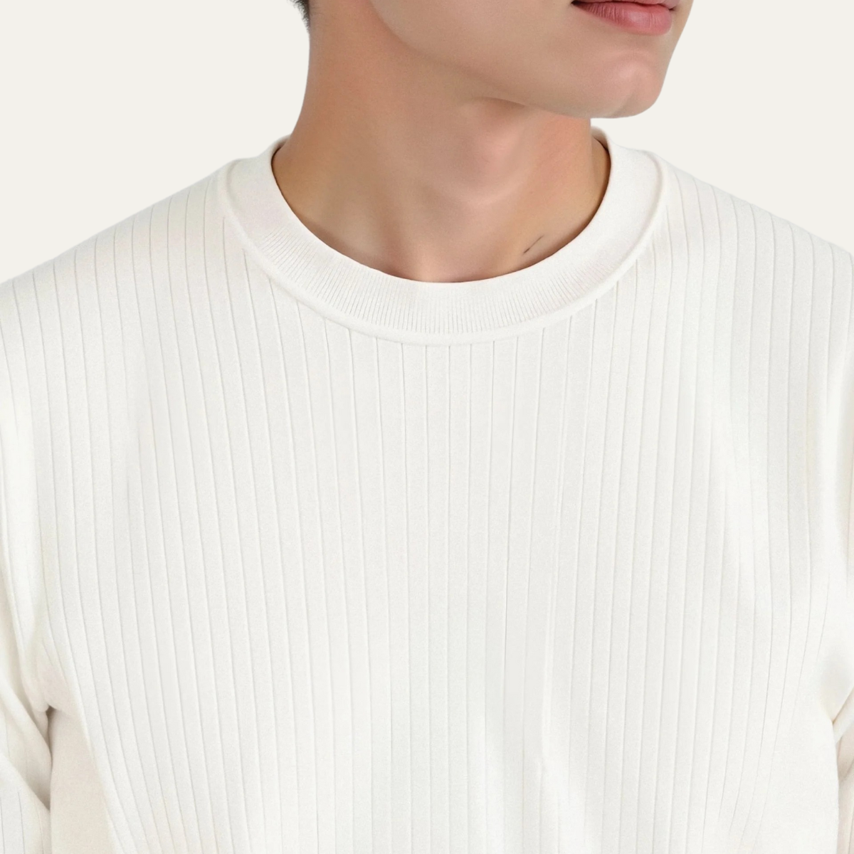 Ash | Men's Ribbed Crew Neck Sweater Cream Long Sleeve
