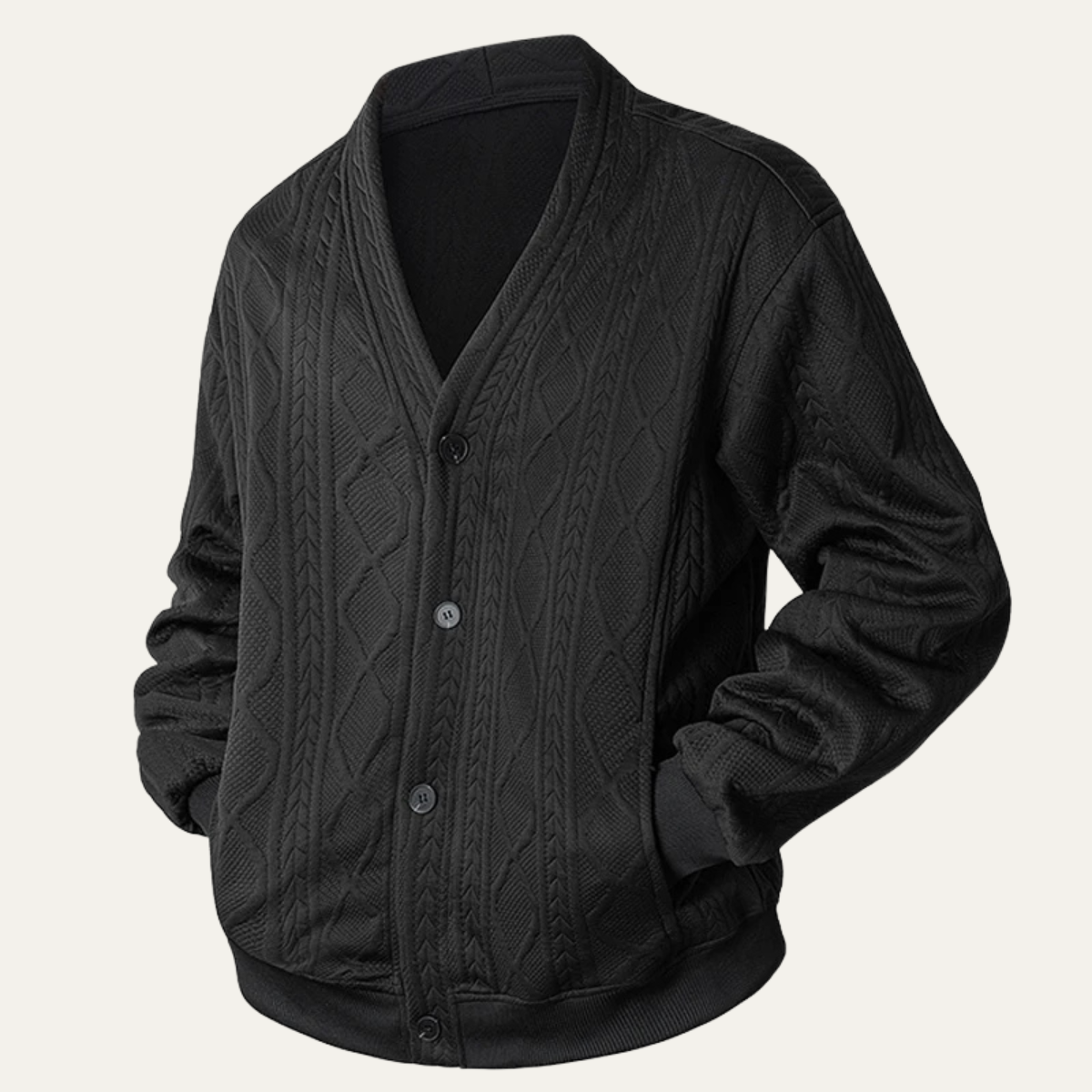 Beau | Men's Cable Knit Diamond Pattern V Neck Cardigan Black