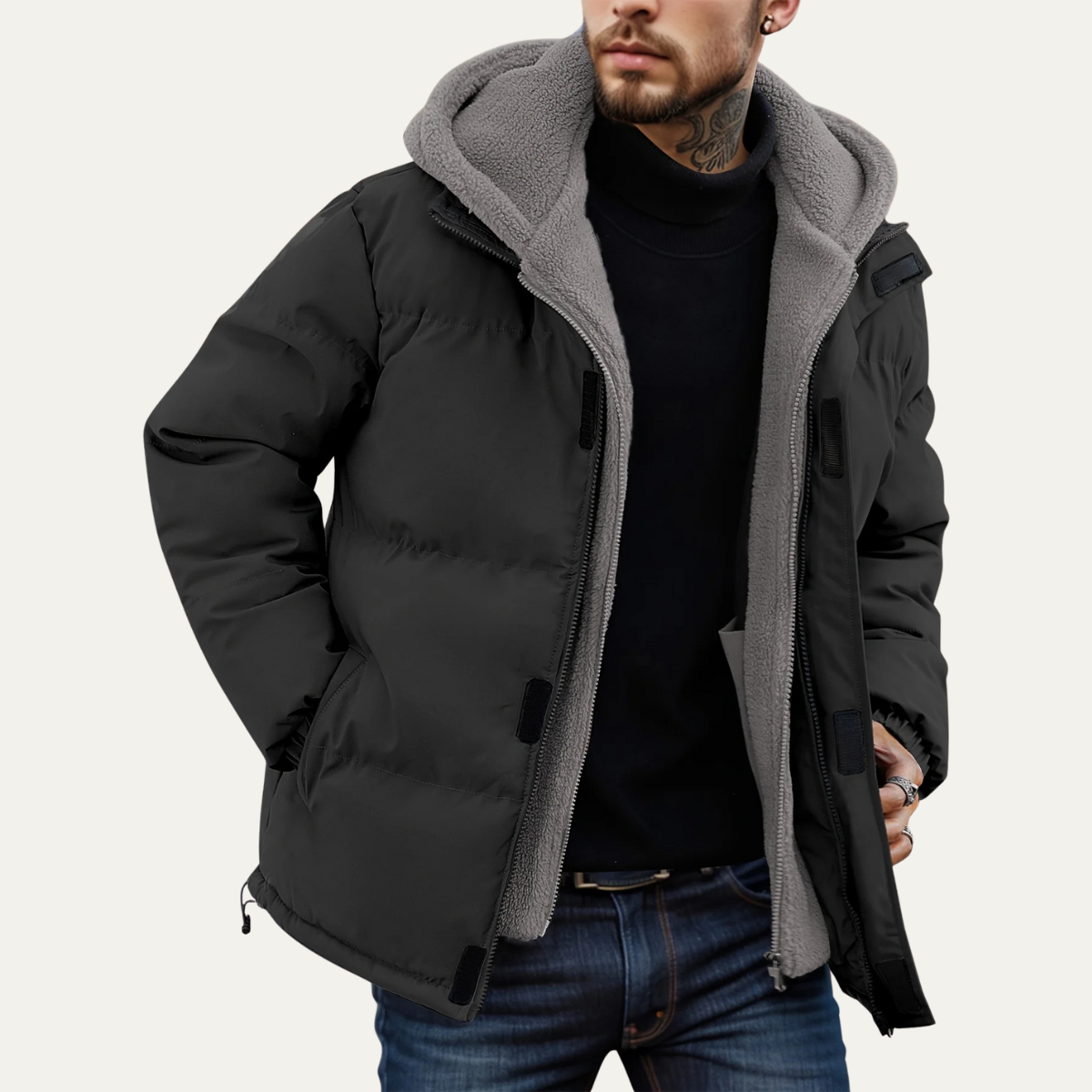 Rhys | Men's Puffer Jacket Black Fleece Lined Hooded