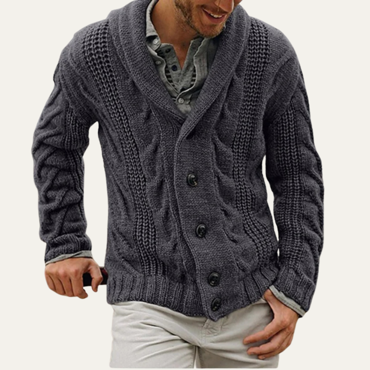 Beau | Men's Cable Knit Cardigan Gray Button Up