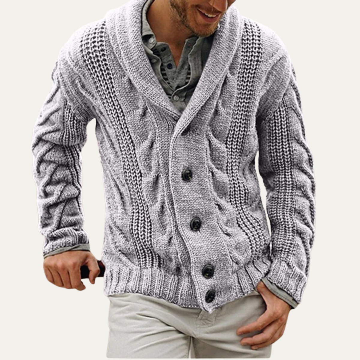 Beau | Men's Cable Knit Cardigan Gray Button Up