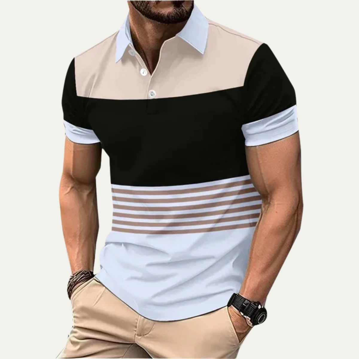 Beau | Men's Color Block Polo Shirt Sage White Striped
