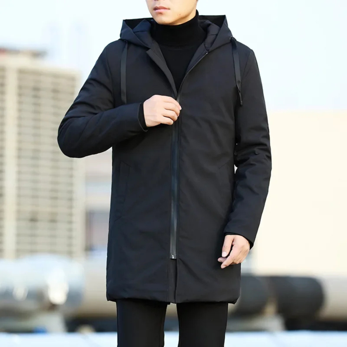 Voss | Men's Long Rain Jacket Black Waterproof Hooded