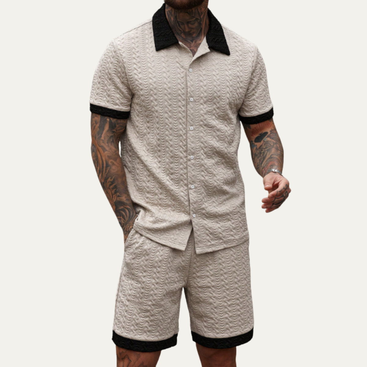 Ives | Men's Cable Knit Button Up Shirt Brown Short Sleeve