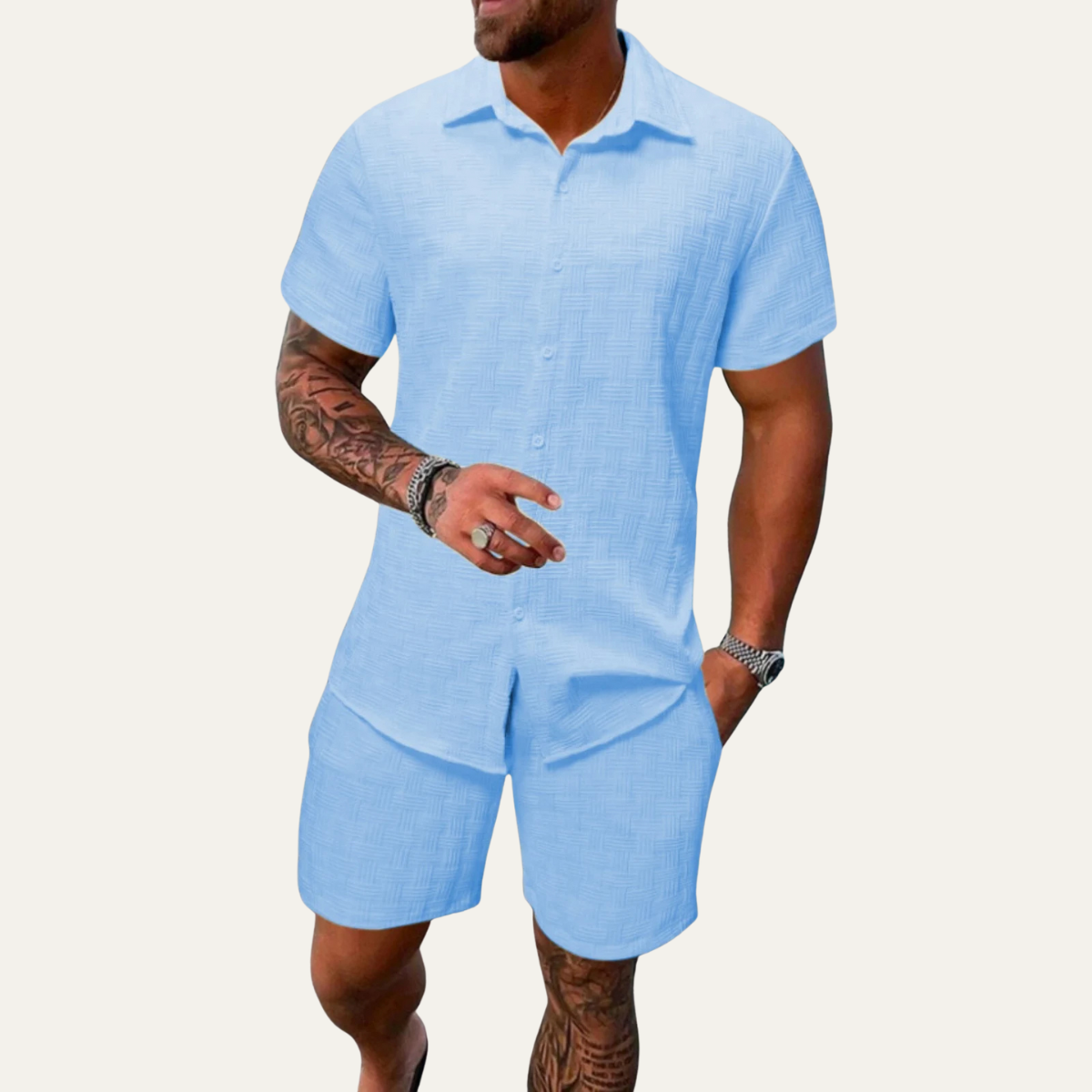 Kai | Men's Linen Shorts Set Cream Button Up Short Sleeve