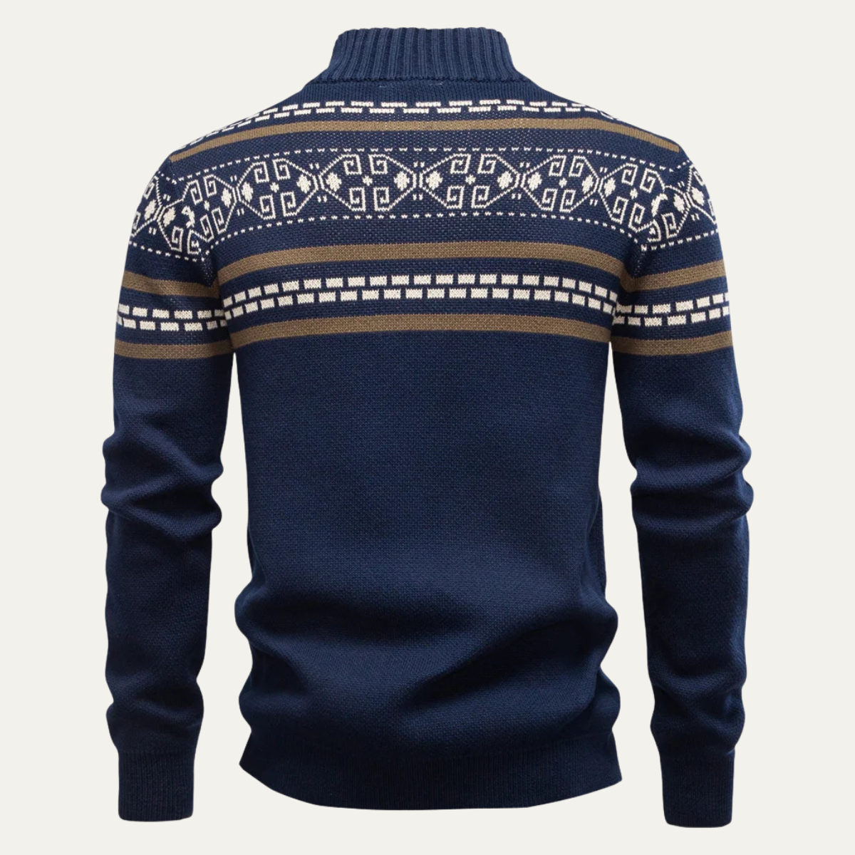 Bram | Men's Zip Up Cardigan Navy Cream Geometric Pattern