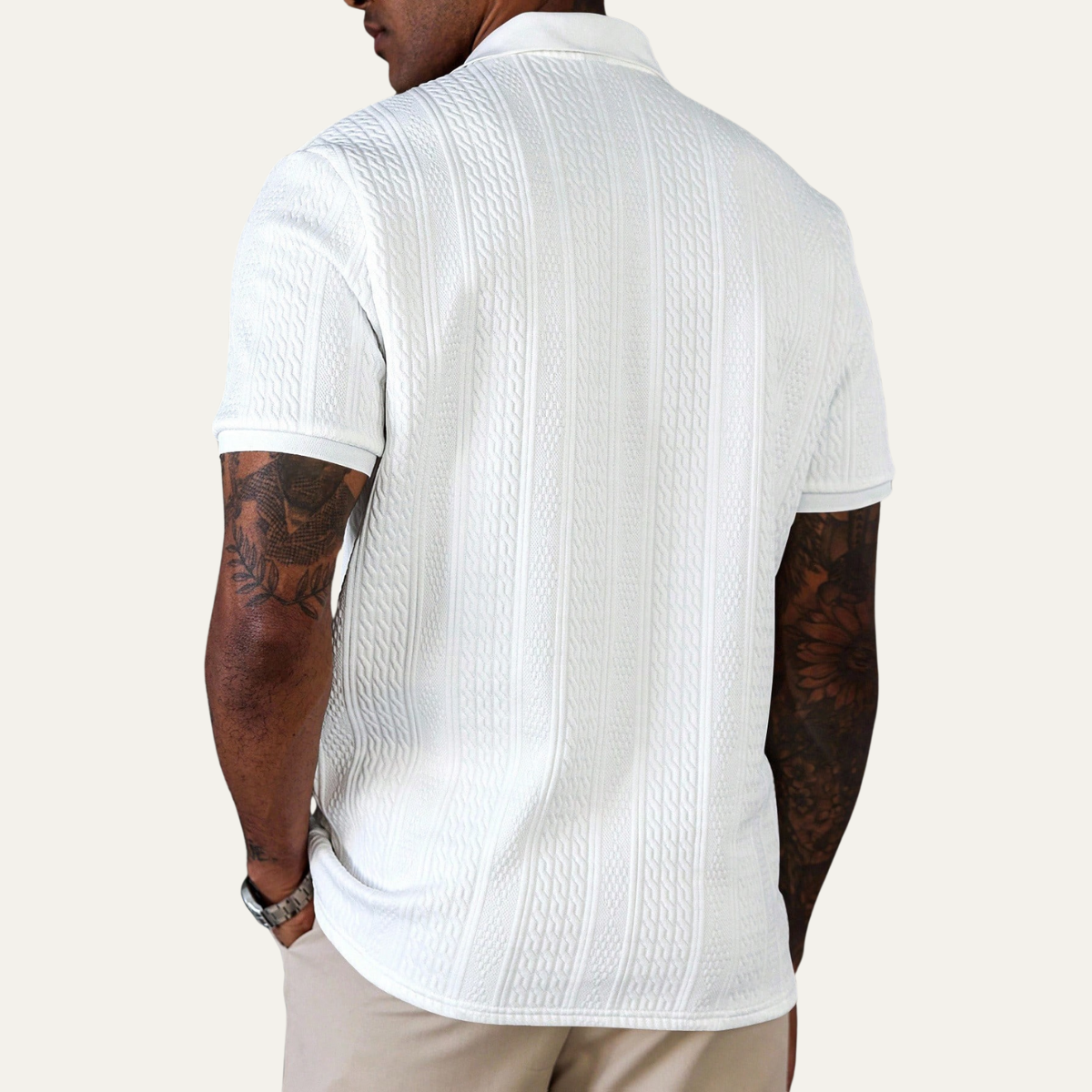 Beau | Men's Polo Shirt Cable Knit Textured White