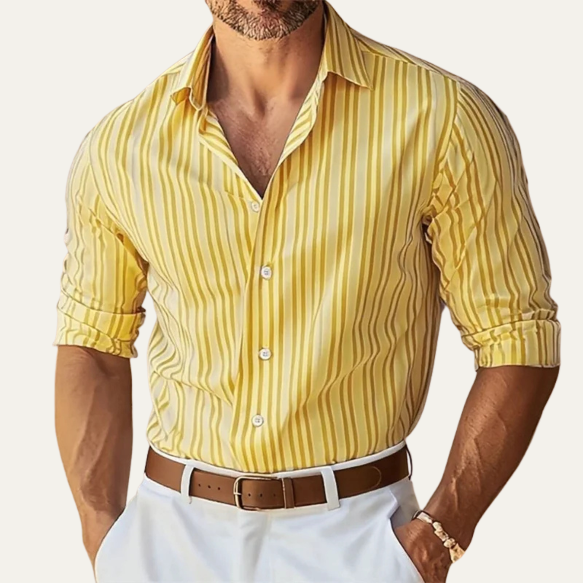 Ezra | Men's Dress Shirt Yellow Striped Long Sleeve