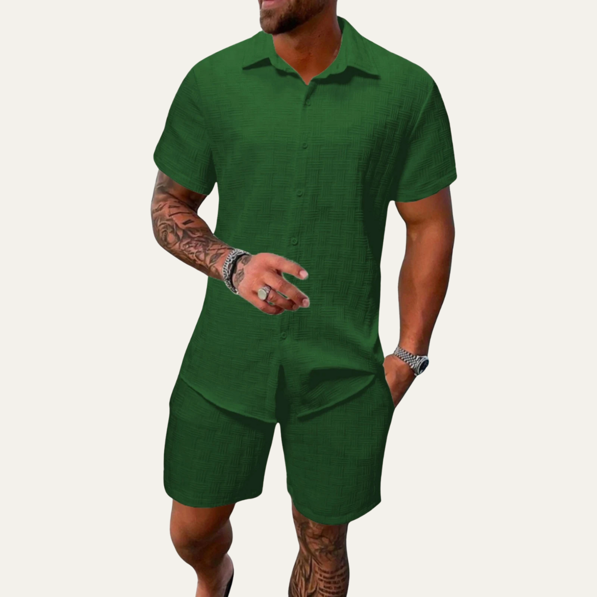 Kai | Men's Linen Shorts Set Cream Button Up Short Sleeve