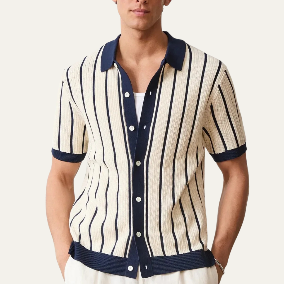 Beau | Men's Striped Knit Cardigan Cream Navy Short Sleeve Button Up