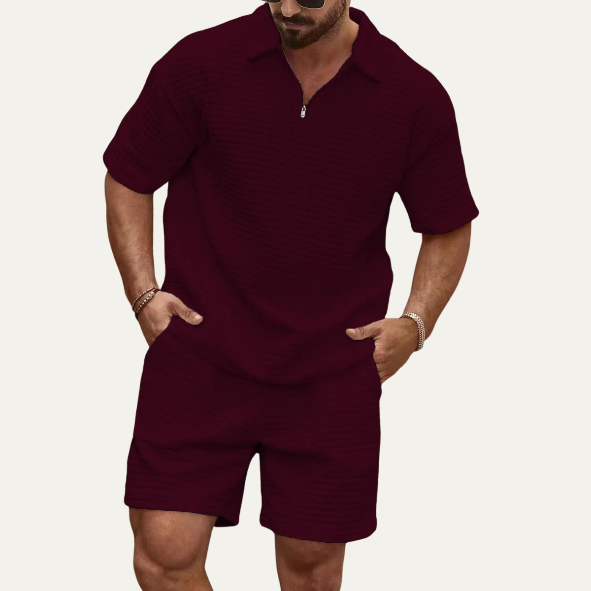 Sage | Men's Sweatsuit Burgundy Waffle Knit Short Sleeve