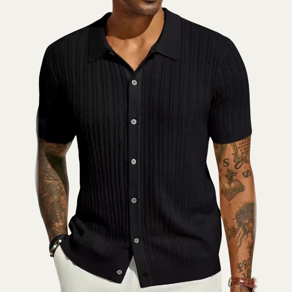 Bram | Men's Cable Knit Button Up Shirt Cream Short Sleeve