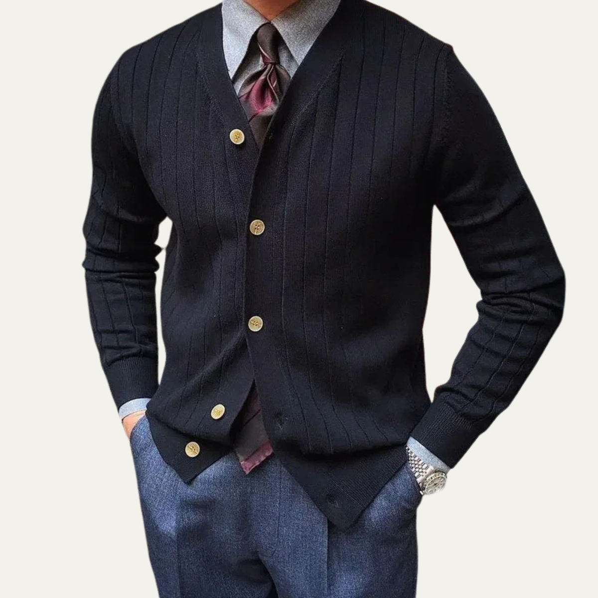 Callum | Men's Pinstripe Cardigan Navy Gold Button