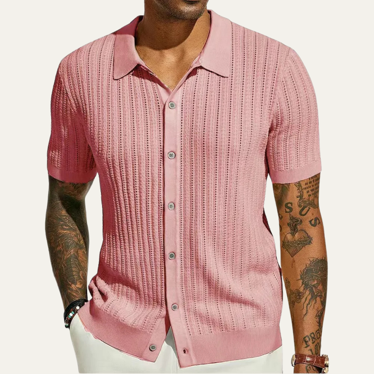 Bram | Men's Cable Knit Button Up Shirt Cream Short Sleeve