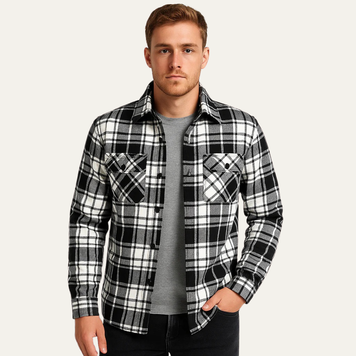 Axel | Men's Flannel Shirt Jacket Black White Plaid Quilted Lined