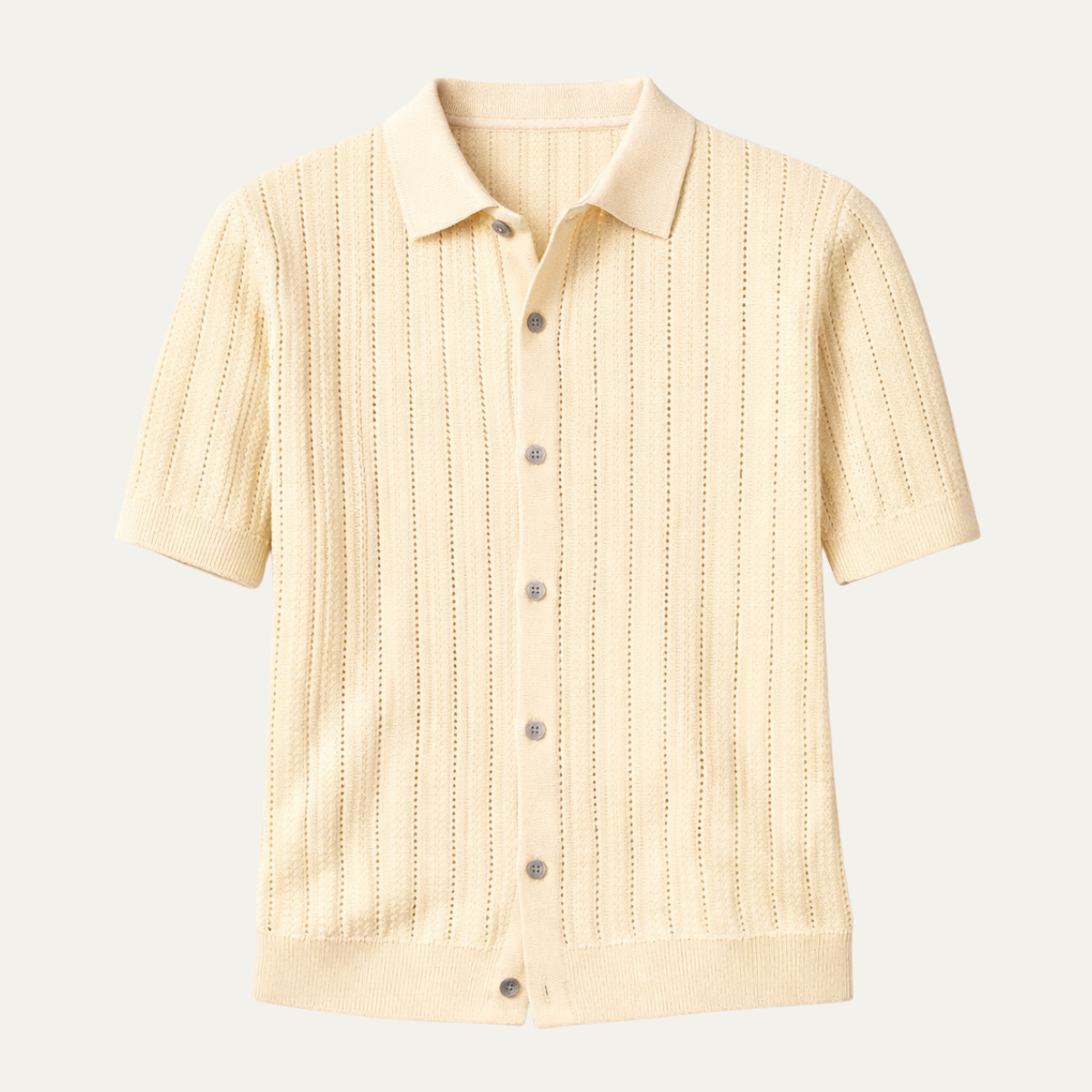 Bram | Men's Cable Knit Button Up Shirt Cream Short Sleeve