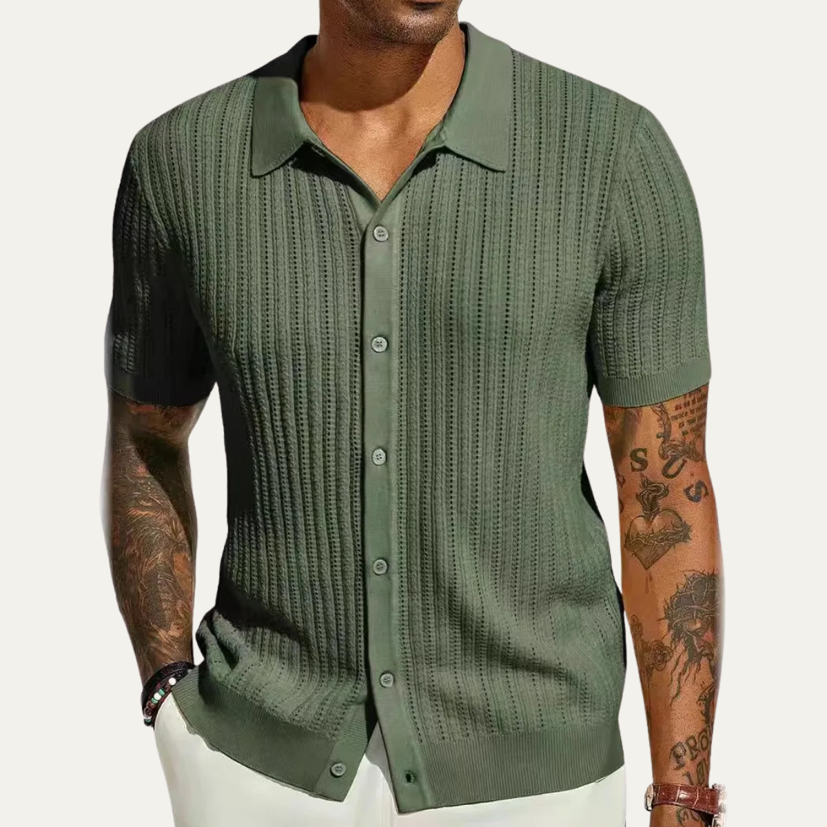 Sage | Men's Ribbed Knit Button Up Shirt Sage Green