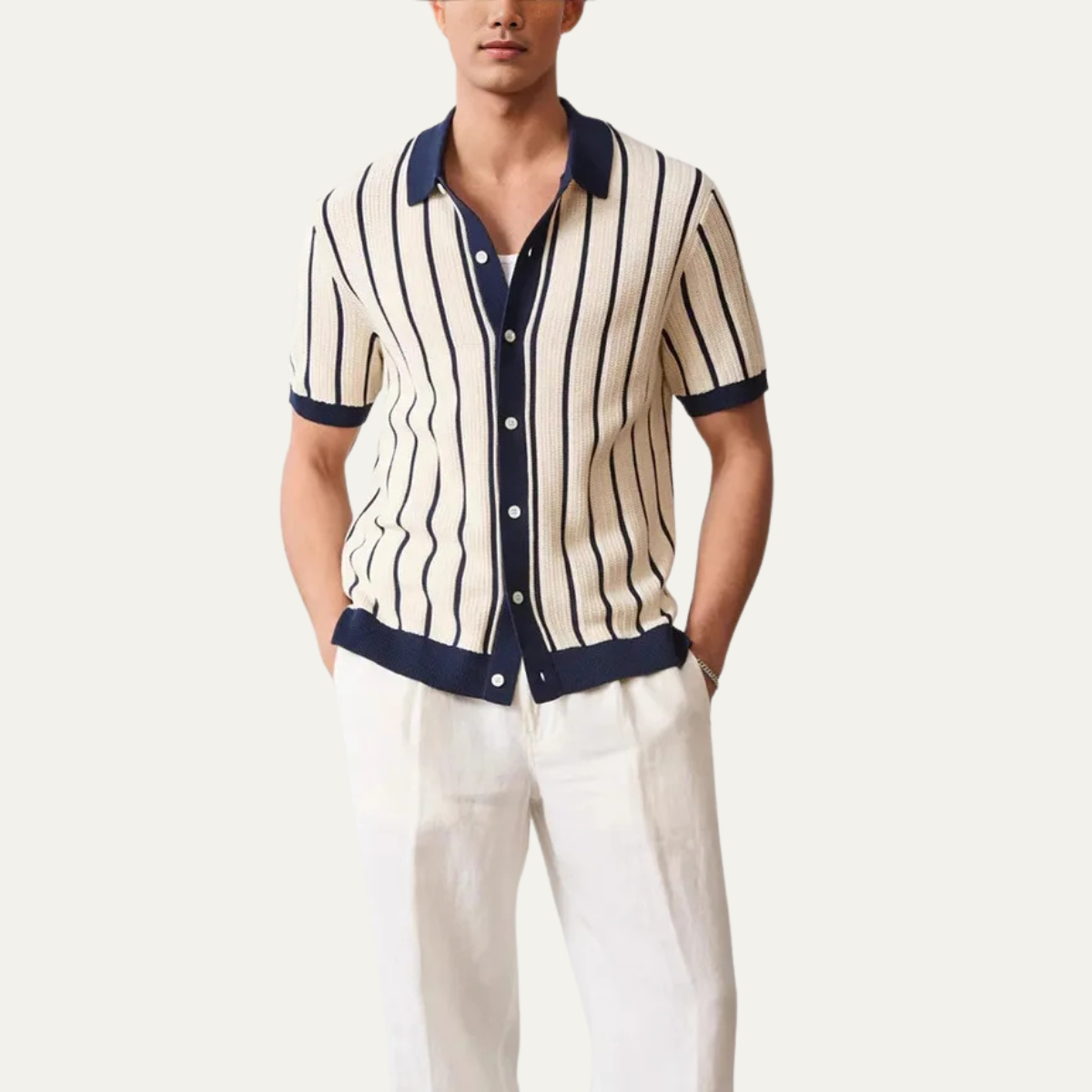Beau | Men's Striped Knit Cardigan Cream Navy Short Sleeve Button Up