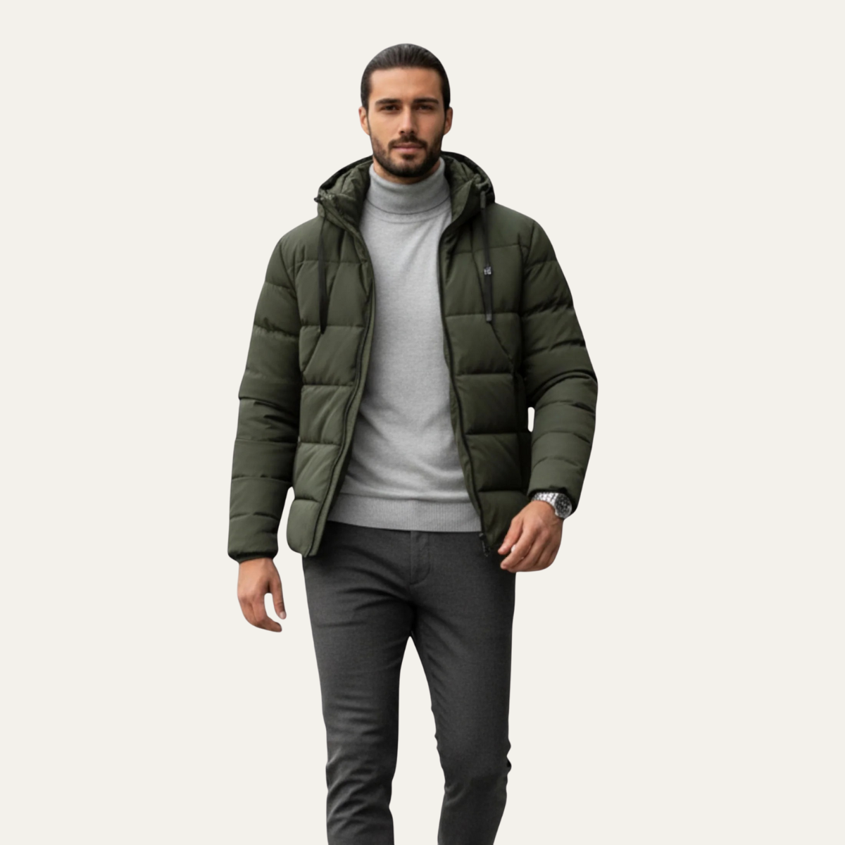 Rhys | Men's Puffer Jacket Olive Hooded Quilted Winter