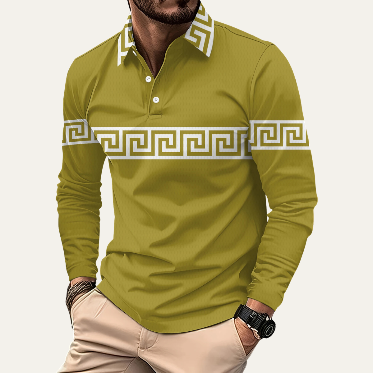 Beau | Men's Casual Polo Shirt Brown Greek Key Print