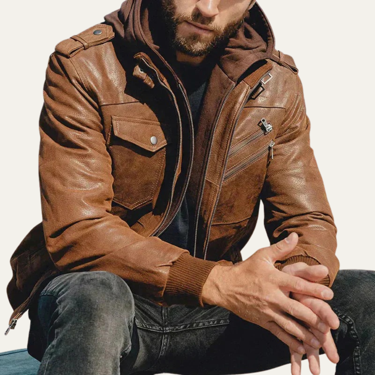 Axel | Men's Leather Hooded Jacket Brown Utility Pockets