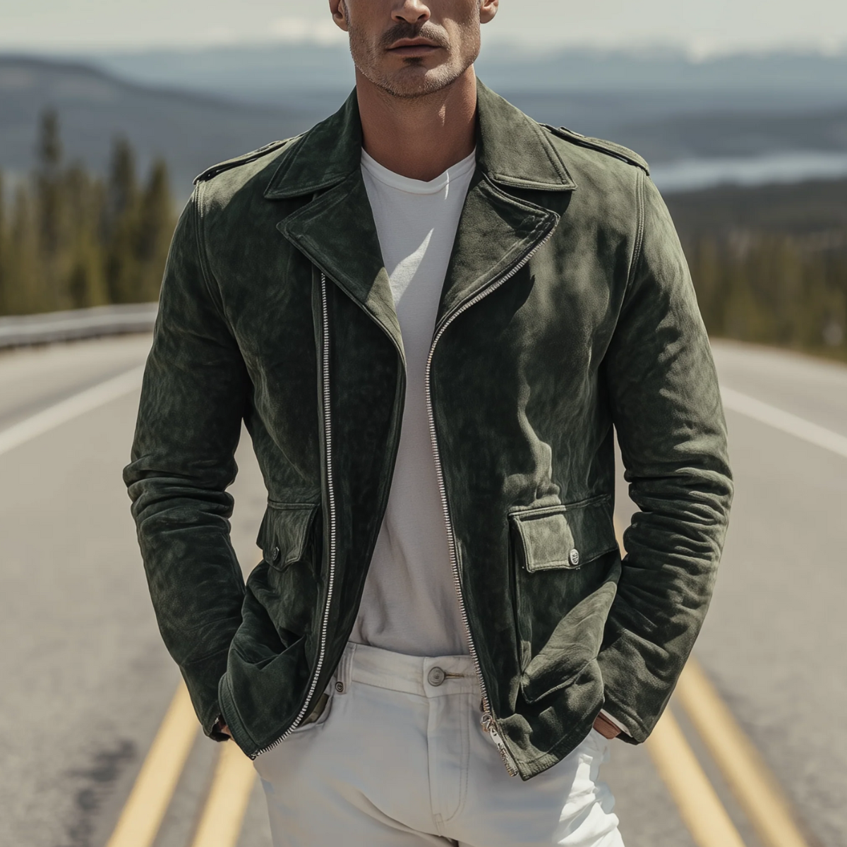 Jasper | Men's Vintage Moto Jacket Olive Green Suede
