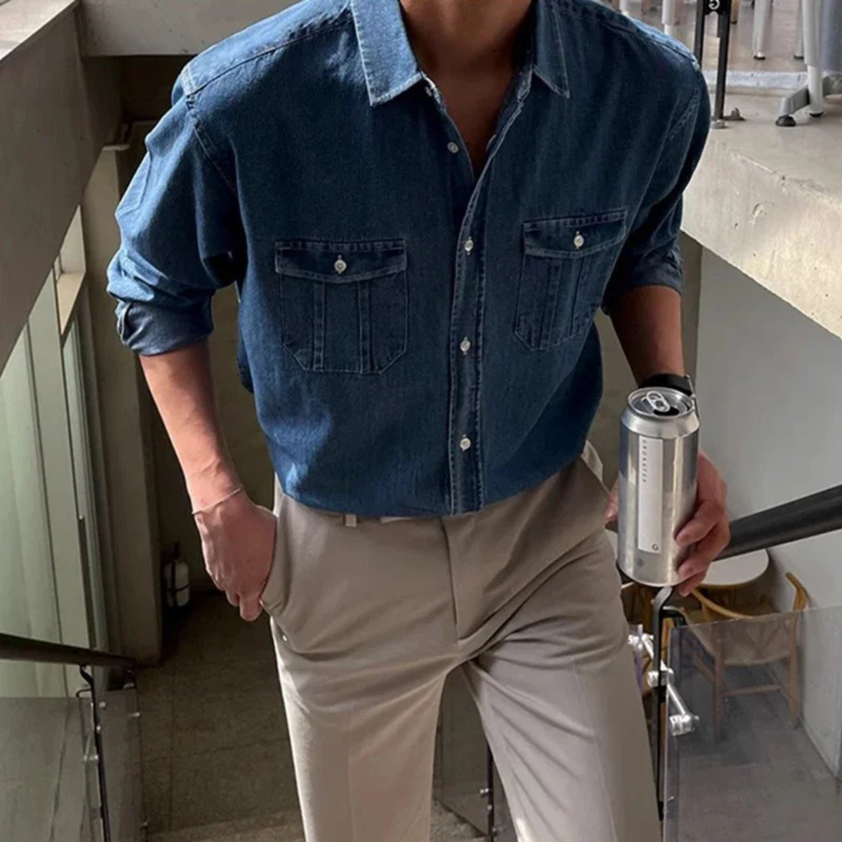 Beau | Men's Denim Shirt Light Blue Long Sleeve Chest Pocket