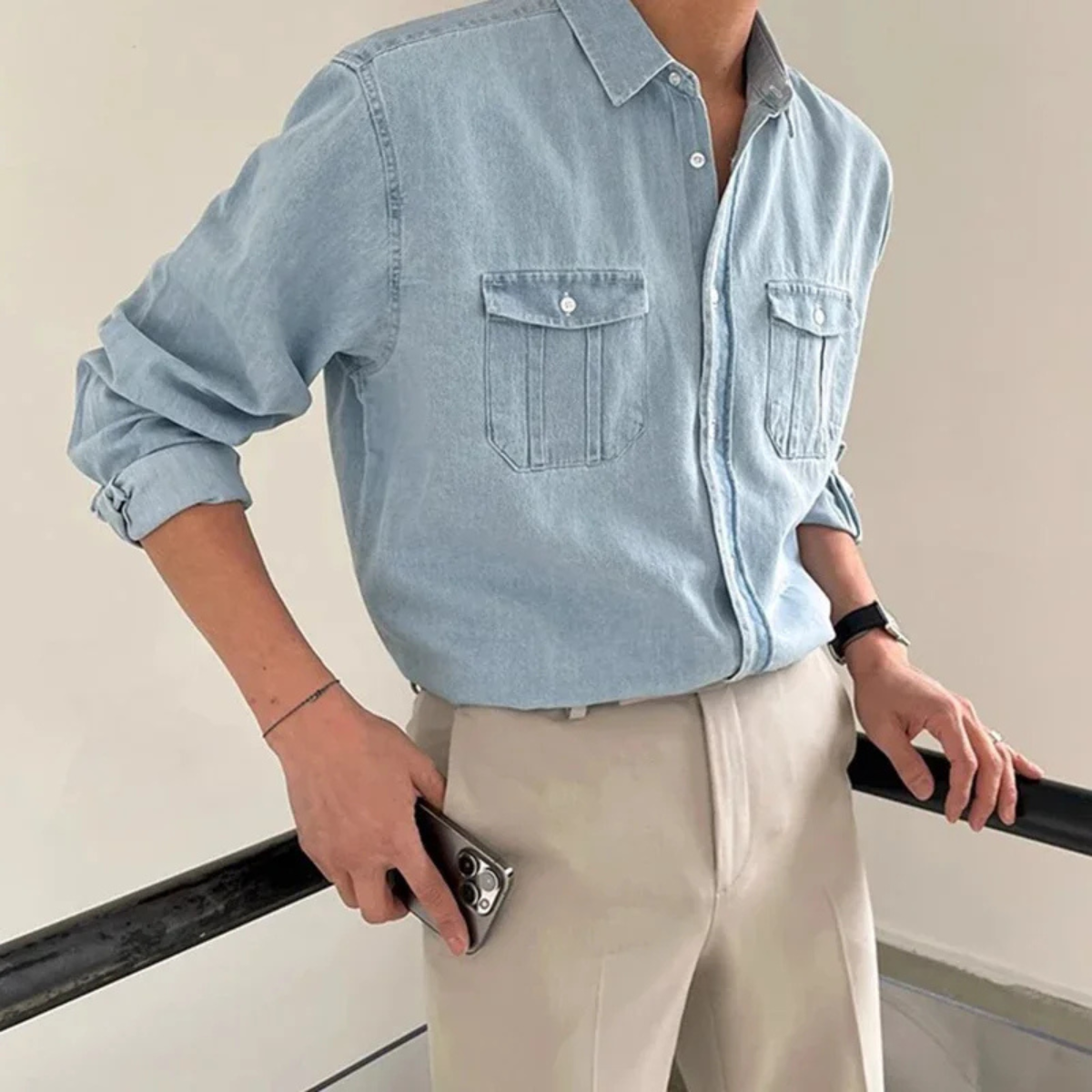 Beau | Men's Denim Shirt Light Blue Long Sleeve Chest Pocket