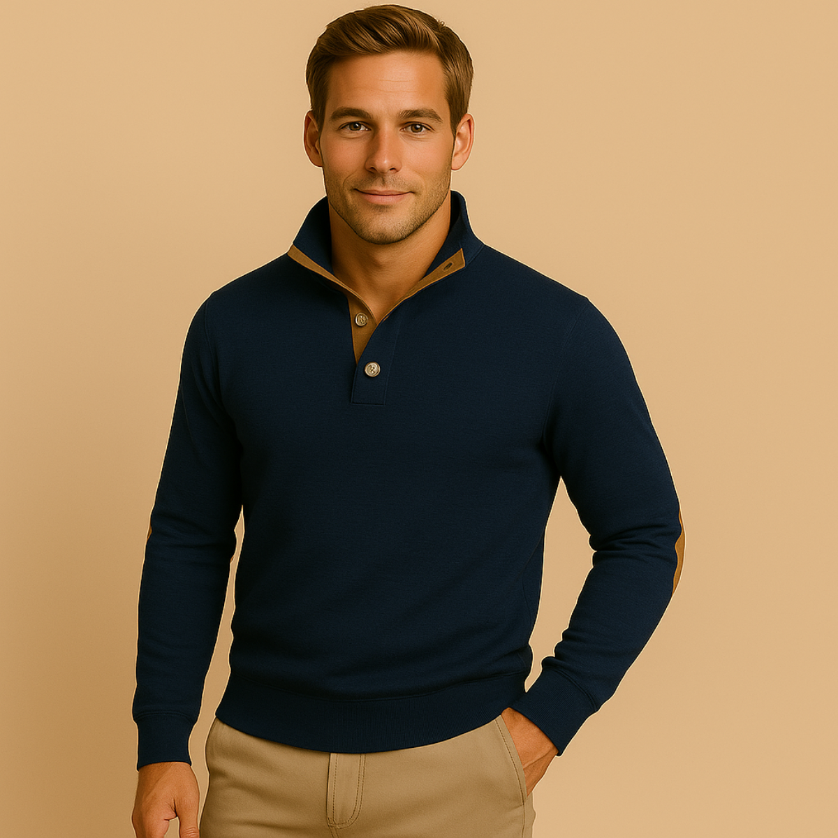 Demi | Men's Quarter Zip Sweater Navy Elbow Patch
