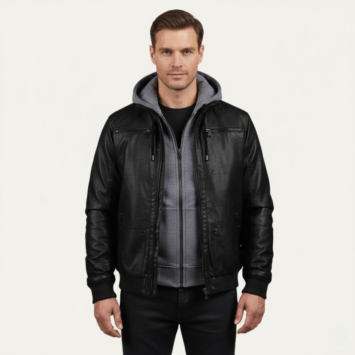 Voss | Men's Leather Jacket Black Hooded Bomber
