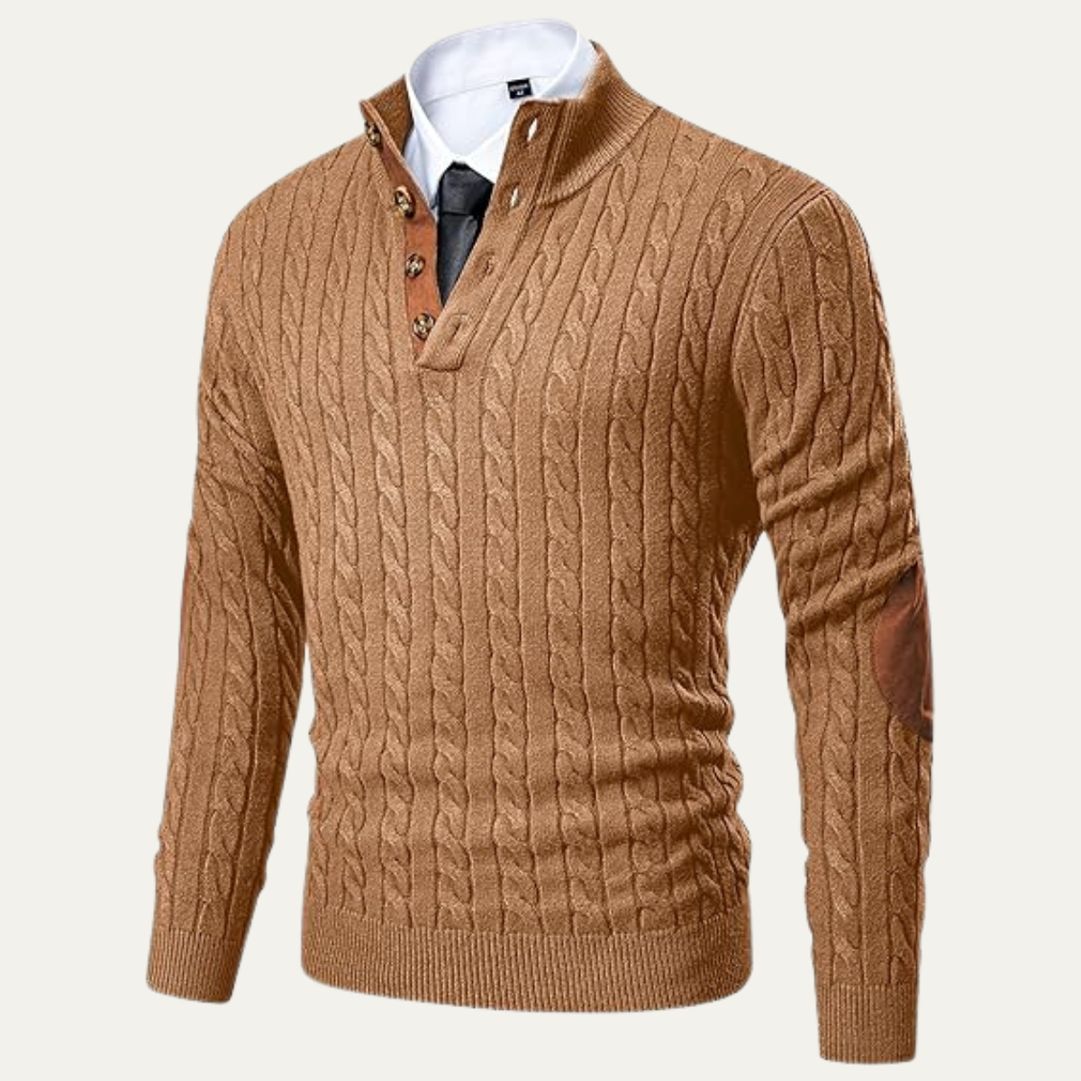 Bram | Men's Cable Knit Sweater Black Elbow Patch Quarter Zip