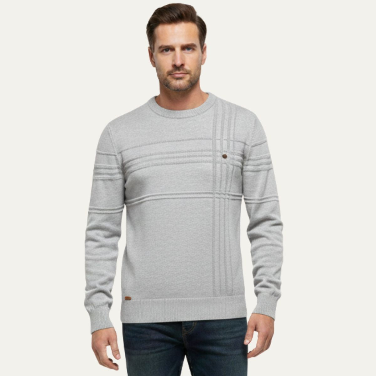 Bram | Men's Crew Neck Sweater Cream Cable Knit Long Sleeve