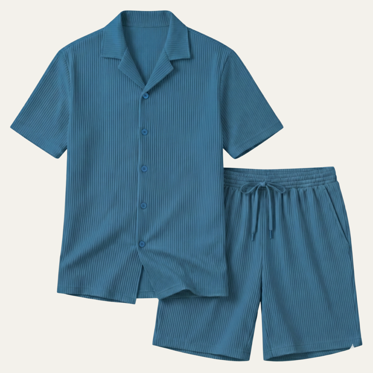 Voss | Men's Lounge Set Black Ribbed Short Sleeve Shirt Shorts