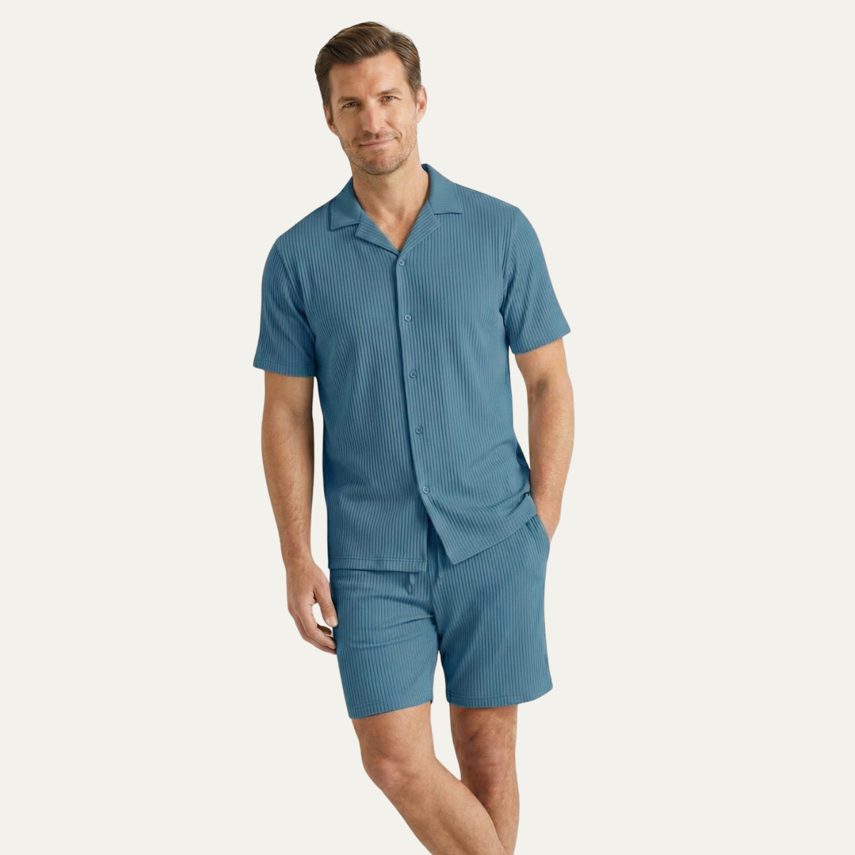 Voss | Men's Lounge Set Black Ribbed Short Sleeve Shirt Shorts