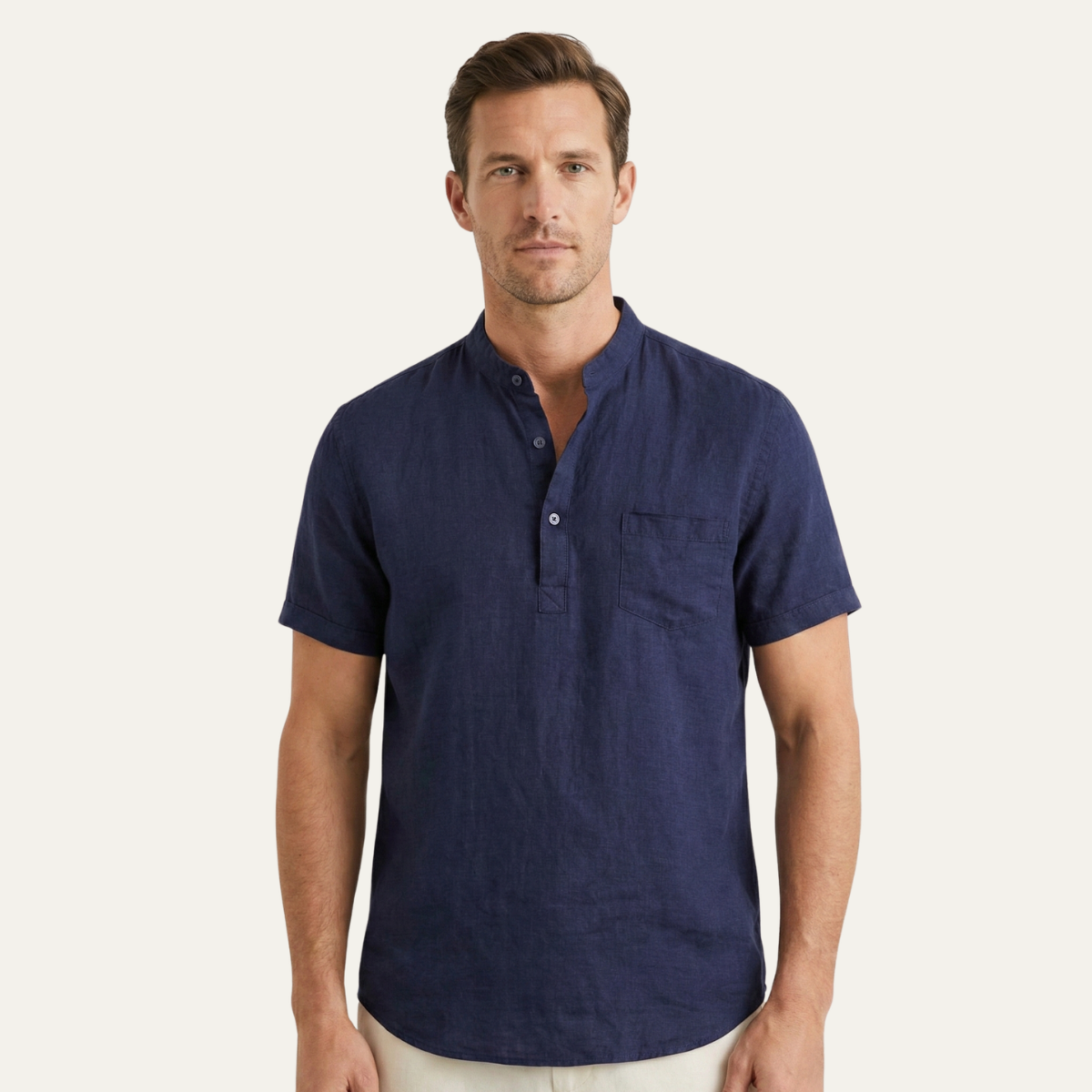 Axel | Men's Lightweight Linen Henley Shirt Navy Short Sleeve